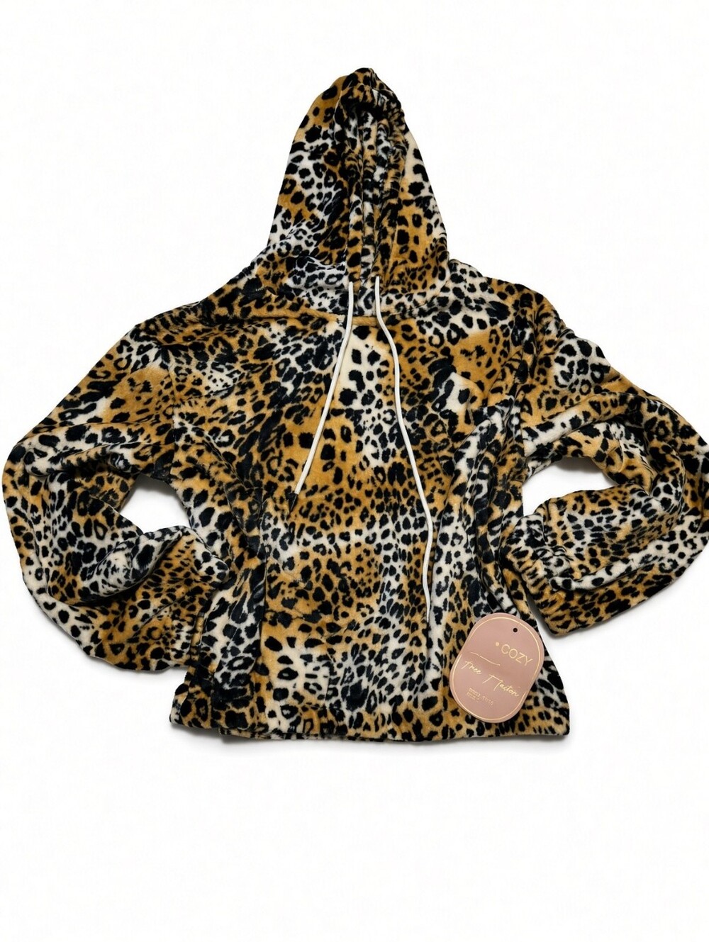 NWT Cozy / True Fashion plush leopard print hoodie, size Large. Style FT013.
